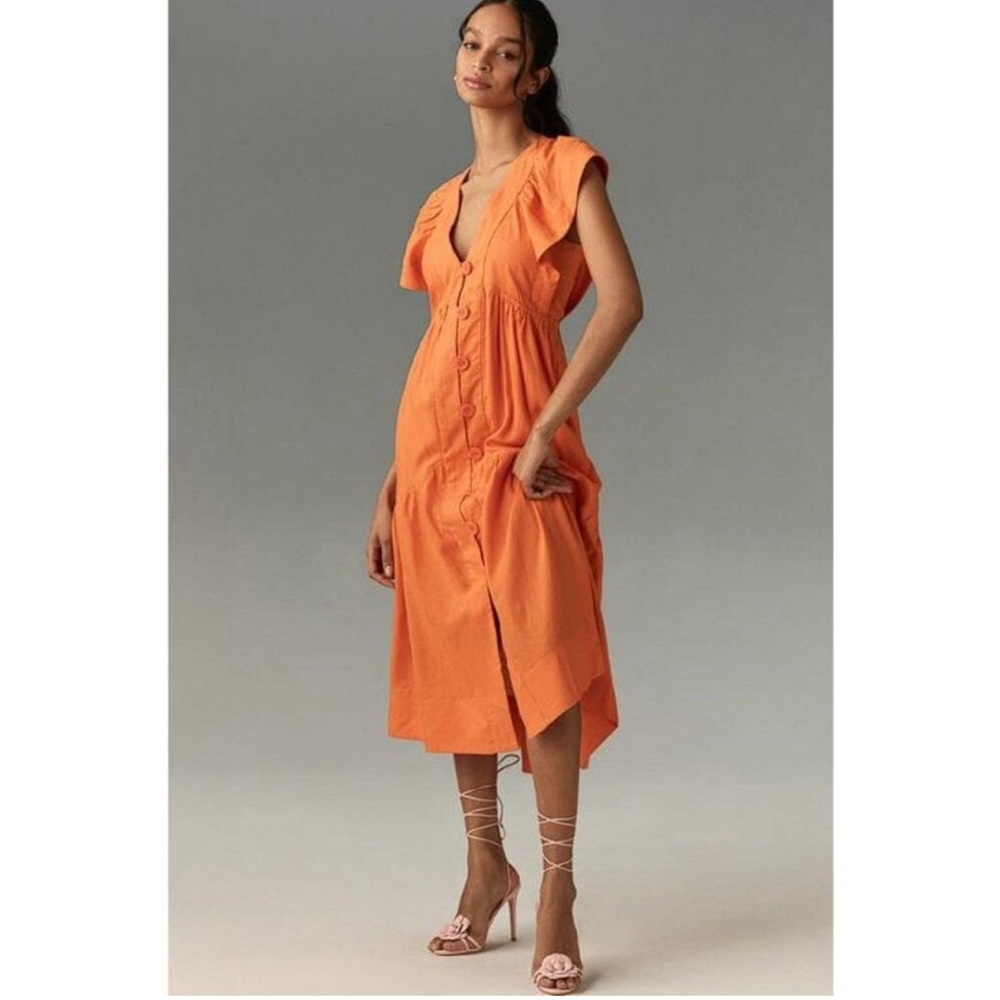 Anthropologie Reneé Flutter-Sleeve Linen Button-Front Midi Dress